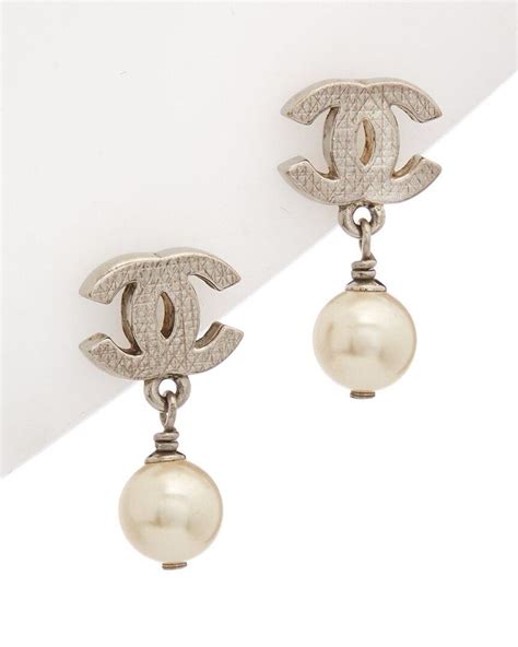 thin silver cc chanel drop earrings|chanel pearl drop earrings price.